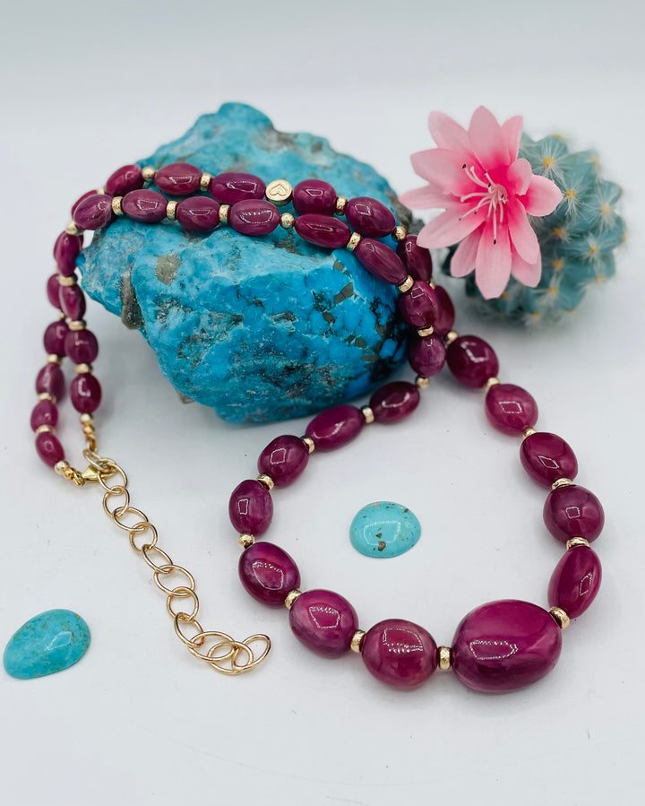 Beaded necklace featuring natural ruby nuggets and 14K gold beads. Available only from Rockstar Cowgirl online or in store in Cody, Wyoming.