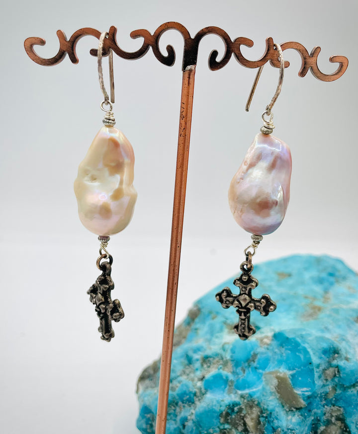 Natural luster baroque large flameball pearl earrings with vintage sterling silver charms. Available only from Rockstar Cowgirl online or in store in Cody, Wyoming.