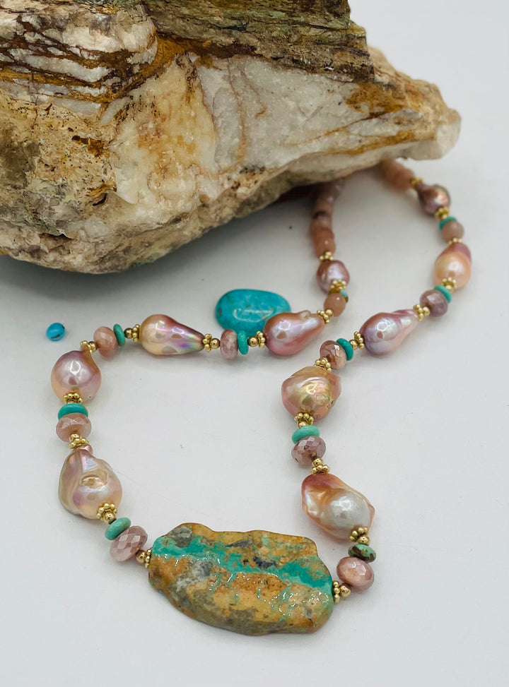 Beaded necklace featuring natural luster pearls, Kingman turquoise, peach moonstone, and gold details. Available only from Rockstar Cowgirl online or in store in Cody, Wyoming.