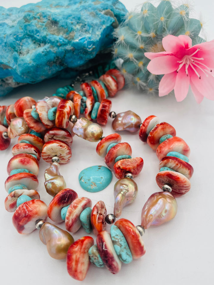 2 strand beaded necklace featuring chunky spiney oyster discs, natural luster flameball pearls, Sonoran turquoise, and sterling silver beads. Available only from Rockstar Cowgirl online or in store in Cody, Wyoming.