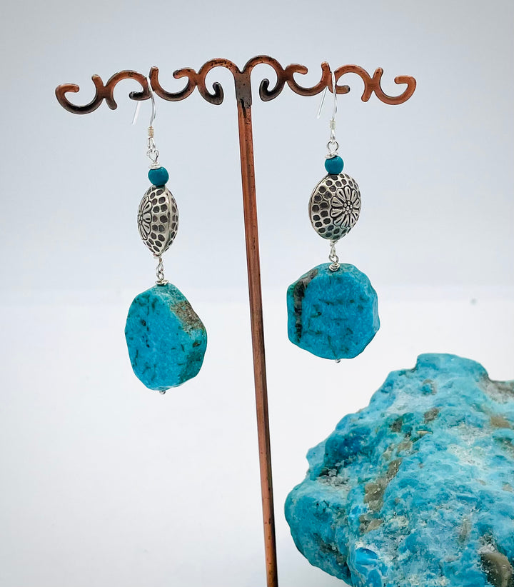 Handmade earrings featuring Kingman turquoise slabs, Karen Hill tribe sterling silver beads, and turquoise rounds. Available only from Rockstar Cowgirl online or in store in Cody,Wyoming.