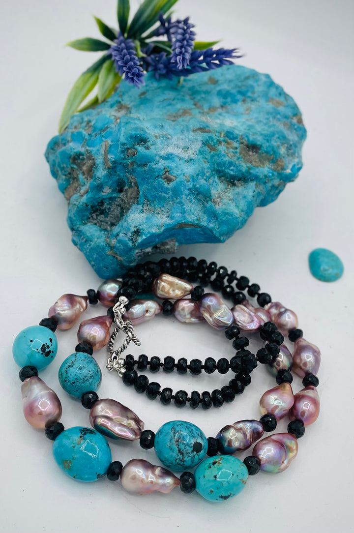Beaded 2 strand necklace featuring spinel, baroque natural luster pearls, and Kingman turquoise nuggets. Available only from Rockstar Cowgirl online or in store in Cody, Wyoming.