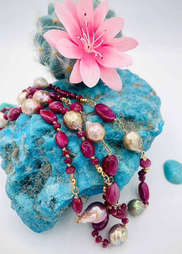 Silk knotted treasure necklace featuring rubies and natural luster Edison pearls. Available only from Rockstar Cowgirl online or in store in Cody, Wyoming.