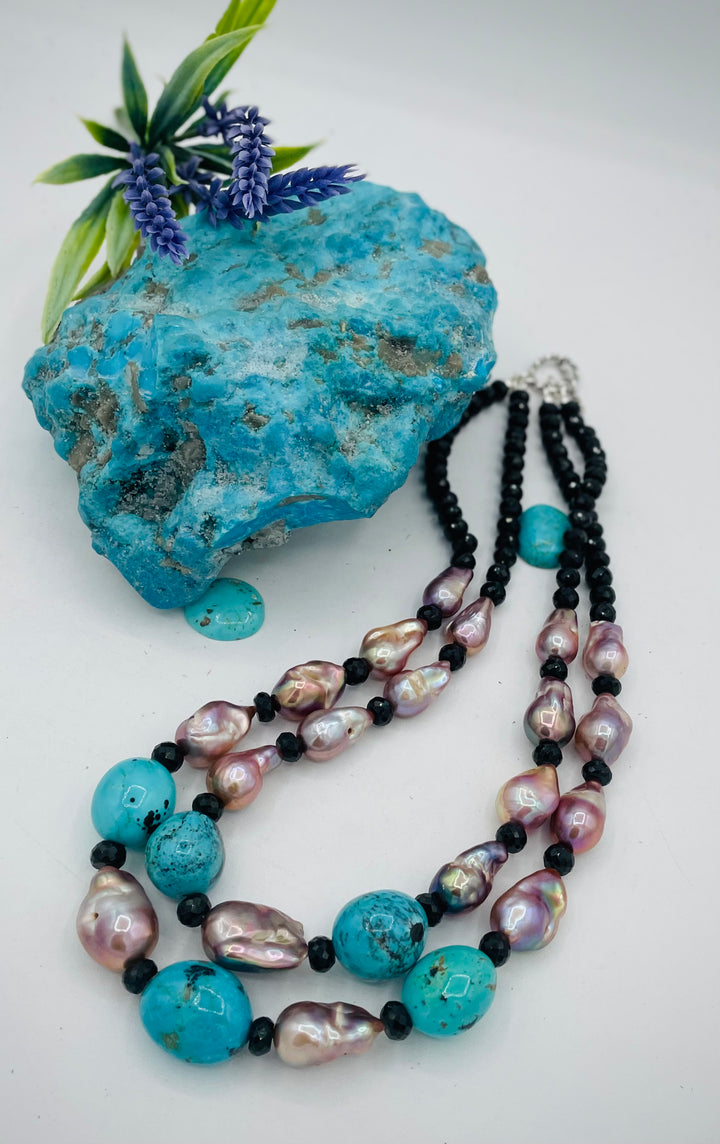 Beaded 2 strand necklace featuring spinel, baroque natural luster pearls, and Kingman turquoise nuggets. Available only from Rockstar Cowgirl online or in store in Cody, Wyoming.