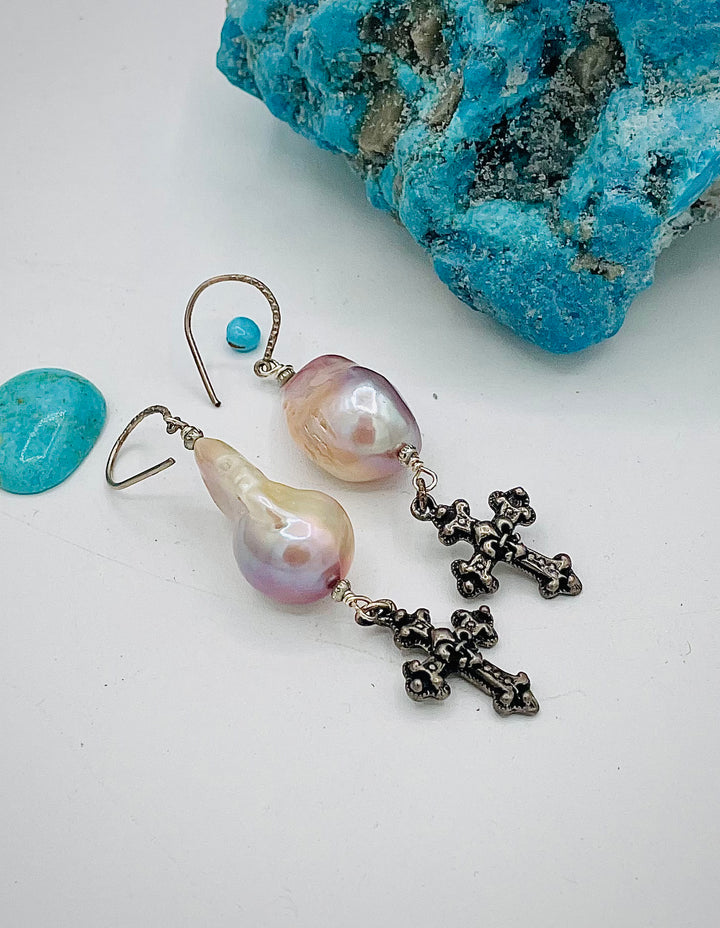 Natural luster baroque large flameball pearl earrings with vintage sterling silver charms. Available only from Rockstar Cowgirl online or in store in Cody, Wyoming.