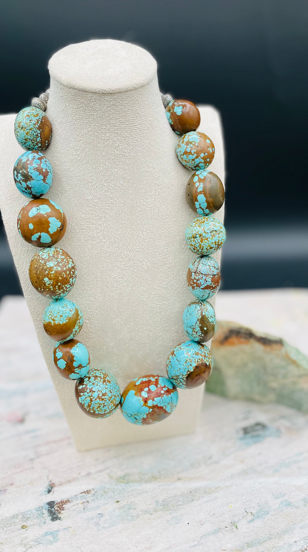 Giant #8 turquoise nuggets and sterling silver beaded necklace. Available only from Rockstar Cowgirl online or in store in Cody, Wyoming.