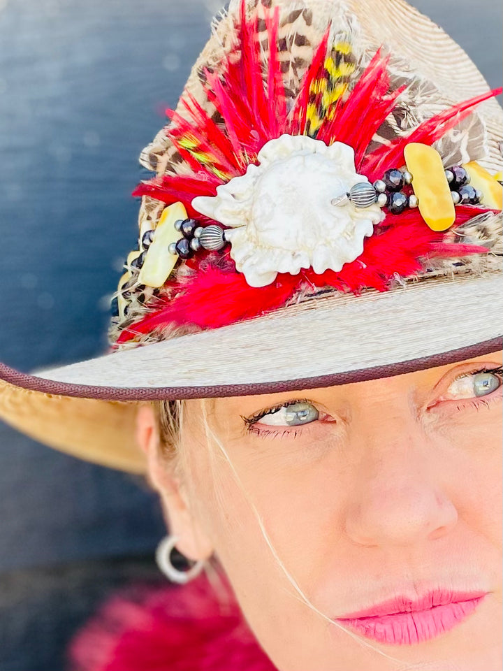 Close up of the red feather burst and antler crown on the front of the hatband. Available only from Rockstar Cowgirl online or in store in Cody, Wyoming.