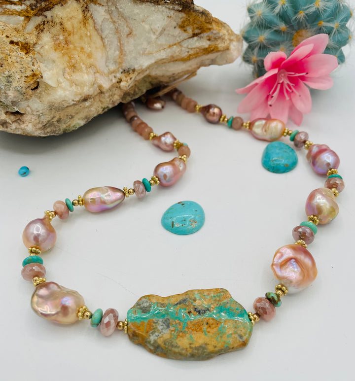 Beaded necklace featuring natural luster pearls, Kingman turquoise, peach moonstone, and gold details. Available only from Rockstar Cowgirl online or in store in Cody, Wyoming.