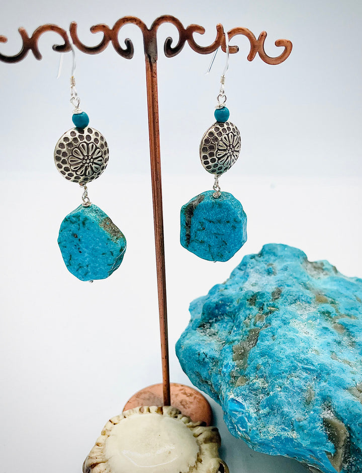Handmade earrings featuring Kingman turquoise slabs, Karen Hill tribe sterling silver beads, and turquoise rounds. Available only from Rockstar Cowgirl online or in store in Cody,Wyoming.