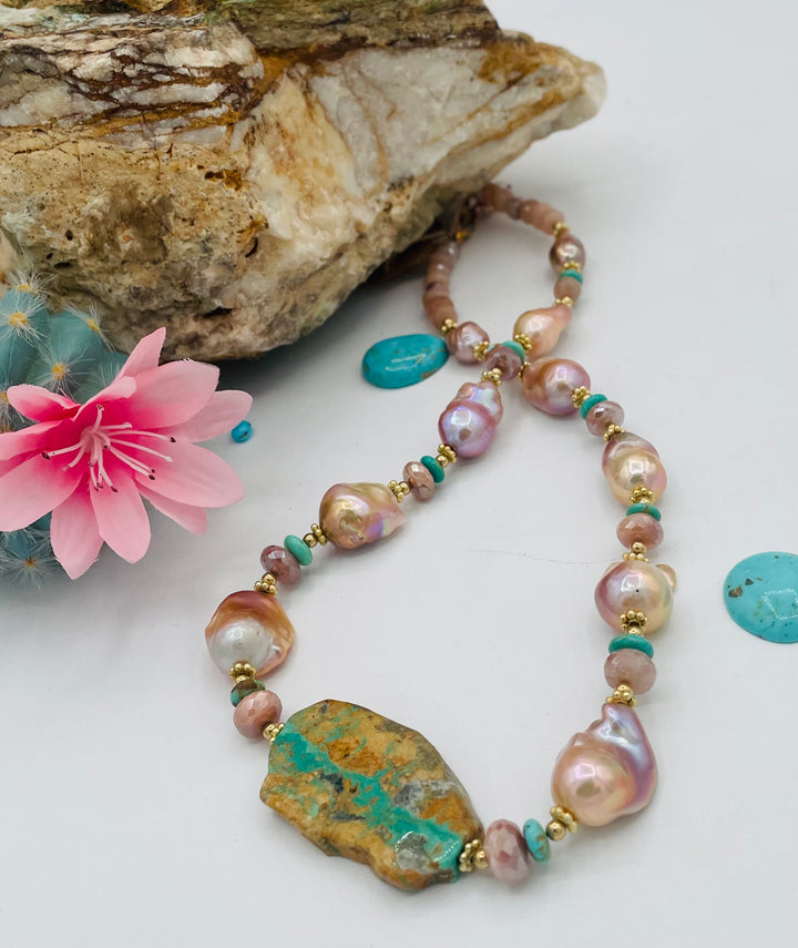Beaded necklace featuring natural luster pearls, Kingman turquoise, peach moonstone, and gold details. Available only from Rockstar Cowgirl online or in store in Cody, Wyoming.