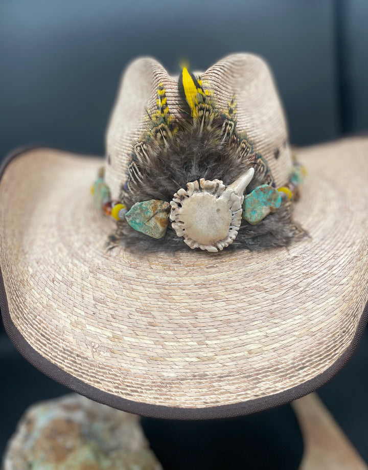 Close up of the handmade feather burst, polished antler crown, and Kingman slices. Available only with Rockstar Cowgirl, online or in store. one of a kind item.