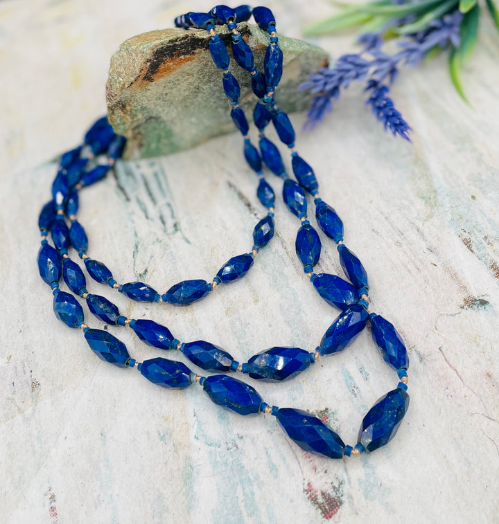 3 strand nested Afghan lapis beads silk knotted on gold silk necklace. Available only from Rockstar Cowgirl online or in store in Cody, Wyoming.