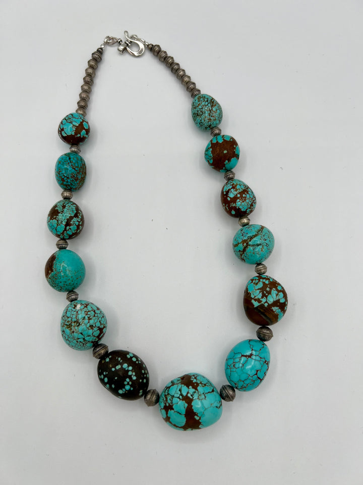 Necklace with large #8 turquoise nuggets and etched sterling silver beads.  Available only from Rockstar Cowgirl online or in store in Cody, Wyoming.