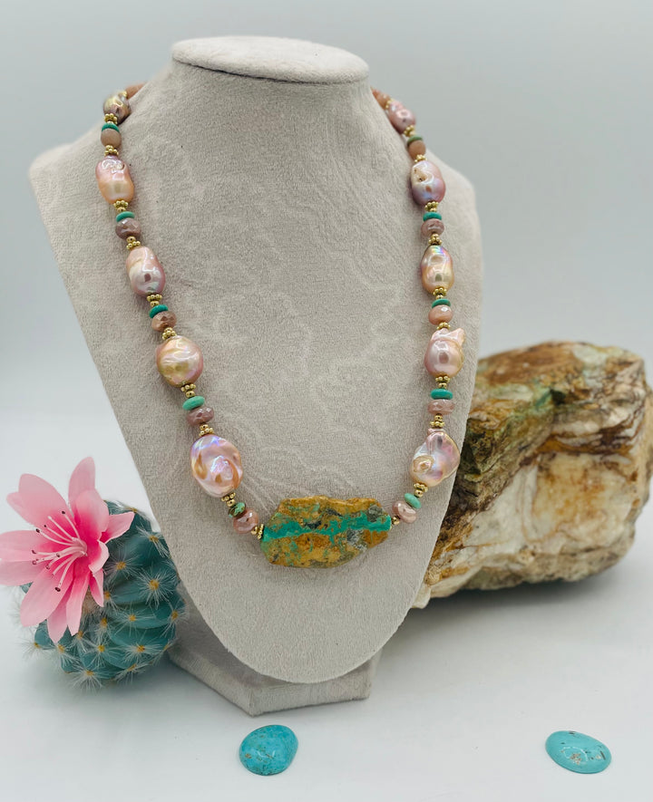 Beaded necklace featuring natural luster pearls, Kingman turquoise, peach moonstone, and gold details. Available only from Rockstar Cowgirl online or in store in Cody, Wyoming.