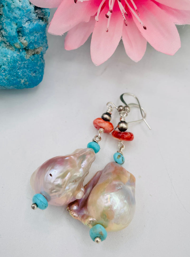 Flameball baroque pearl earrings with Sonoran turquoise, spinel oyster, and sterling silver Navajo pearl beads. Available only from Rockstar Cowgirl online or in store in Cody, Wyoming.