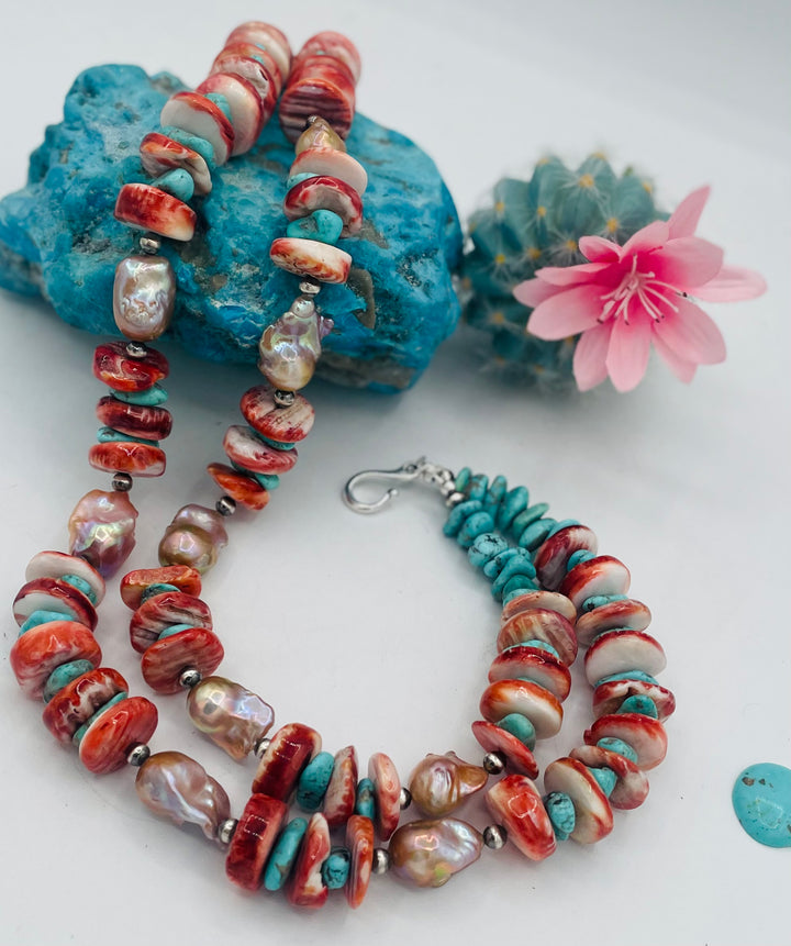 2 strand beaded necklace featuring chunky spiney oyster discs, natural luster flameball pearls, Sonoran turquoise, and sterling silver beads. Available only from Rockstar Cowgirl online or in store in Cody, Wyoming.