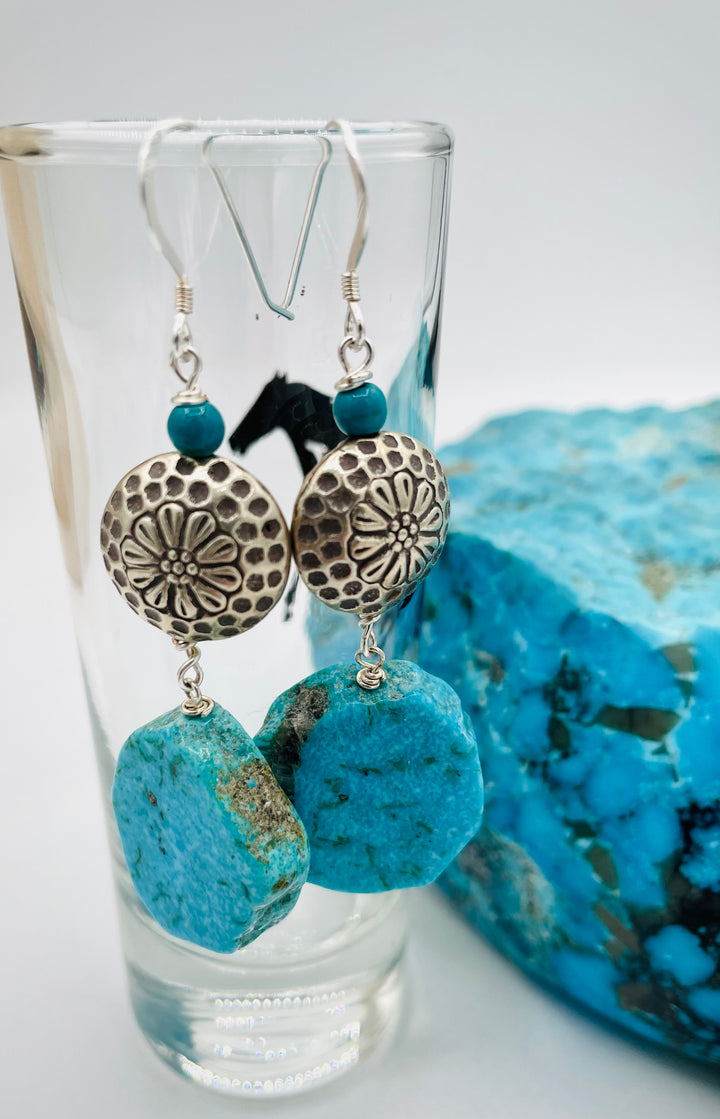 Handmade earrings featuring Kingman turquoise slabs, Karen Hill tribe sterling silver beads, and turquoise rounds. Available only from Rockstar Cowgirl online or in store in Cody,Wyoming.