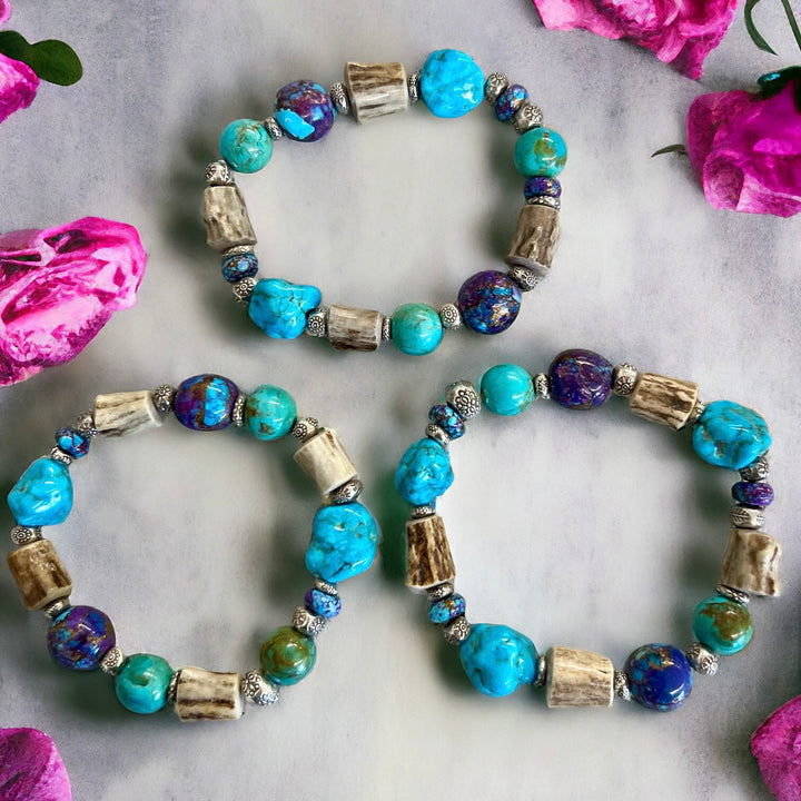 Stretch bracelets featuring blue and purple Mojave turquoise with deer antler beads and hill tribe sterling silver beads