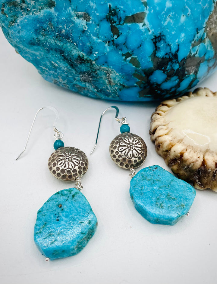 Handmade earrings featuring Kingman turquoise slabs, Karen Hill tribe sterling silver beads, and turquoise rounds. Available only from Rockstar Cowgirl online or in store in Cody,Wyoming.