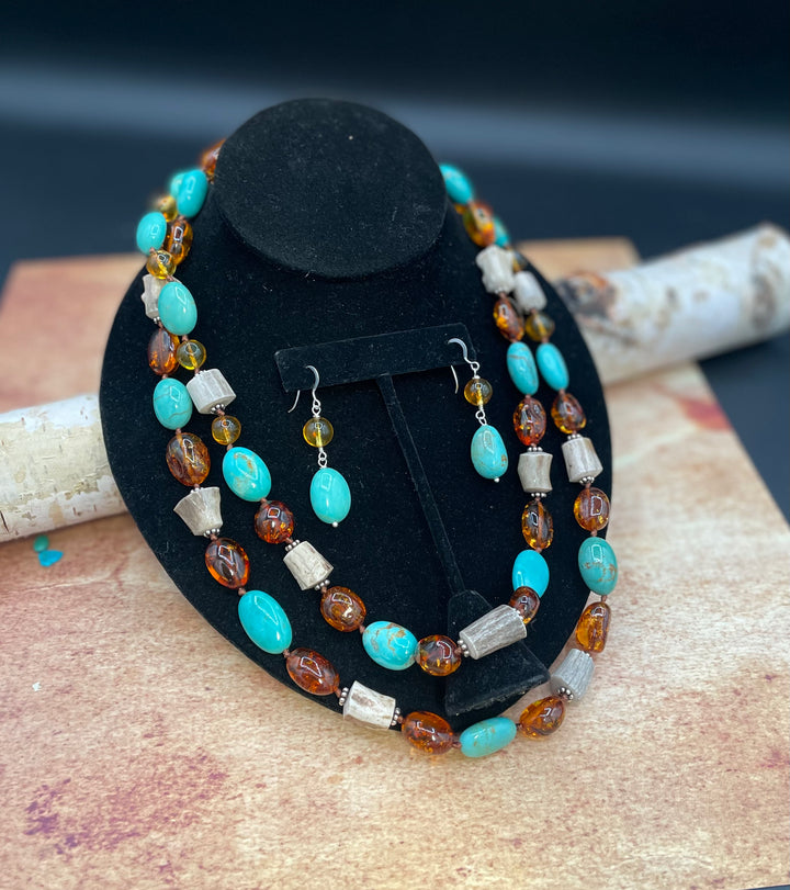 Baltic Amber, Antler and Turquoise Nugget Wrap Necklace Set