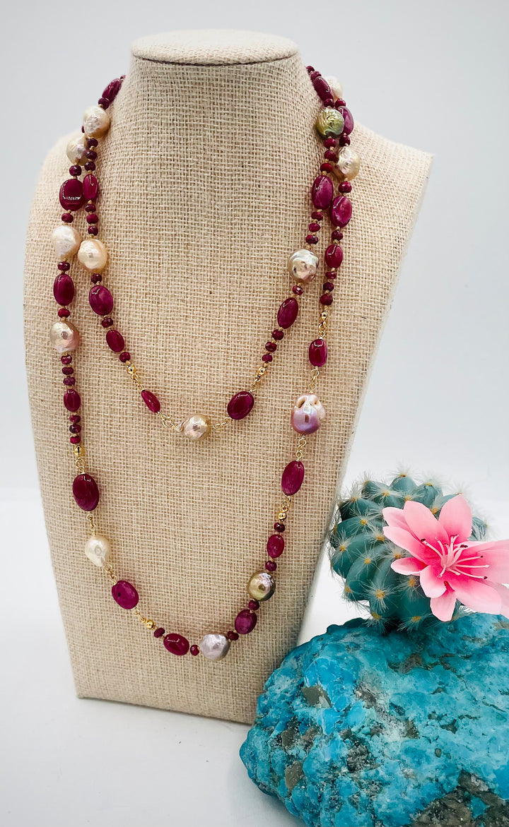 Silk knotted treasure necklace featuring rubies and natural luster Edison pearls. Available only from Rockstar Cowgirl online or in store in Cody, Wyoming.