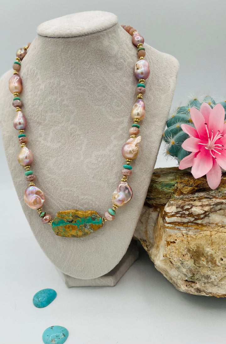 Beaded necklace featuring natural luster pearls, Kingman turquoise, peach moonstone, and gold details. Available only from Rockstar Cowgirl online or in store in Cody, Wyoming.