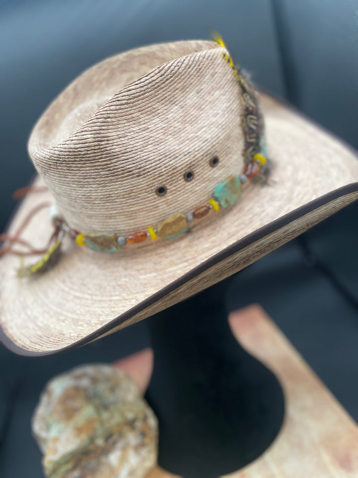 Side view of the hatband featuring the Kingman turquoise slices.