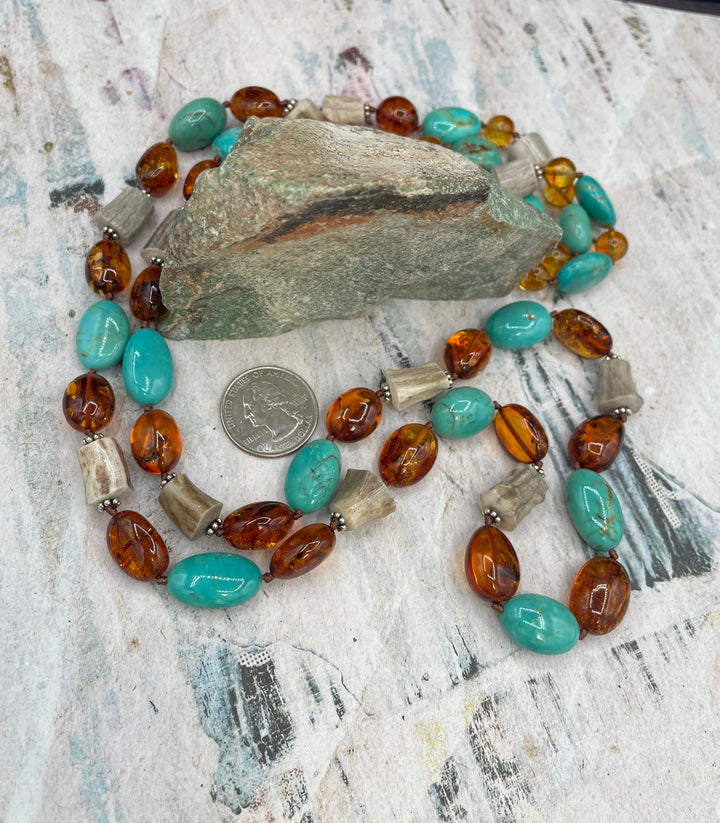 Baltic Amber, Antler and Turquoise Nugget Wrap Necklace Set