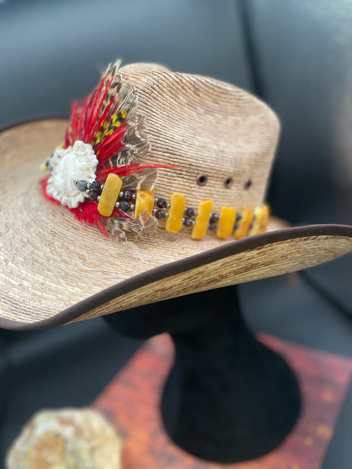 Hat band with feathers, antler crown, Baltic amber, garnet, sterling silver beads and finished with feathers on the back, deer lace, and antler slide bead. Available only from Rockstar Cowgirl online or in store in Cody, Wyoming.
