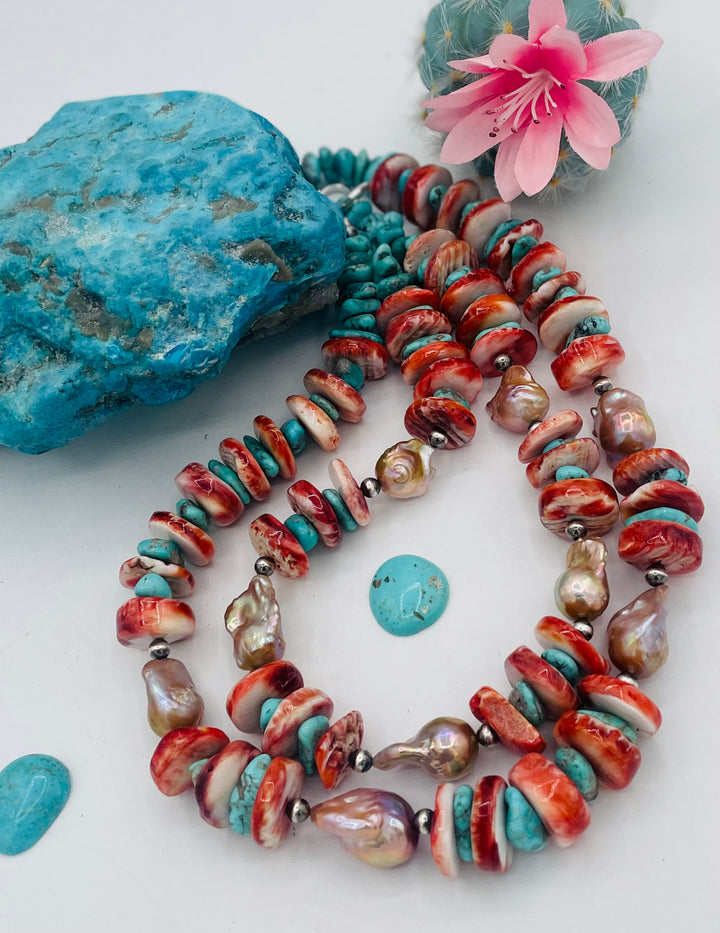 2 strand beaded necklace featuring chunky spiney oyster discs, natural luster flameball pearls, Sonoran turquoise, and sterling silver beads. Available only from Rockstar Cowgirl online or in store in Cody, Wyoming.