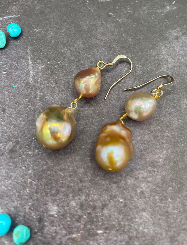 Close up of the matching earrings to the 3 strand silk knotted baroque pearl necklace set. Available only from Rockstar Cowgirl online or in store in Cody, Wyoming.