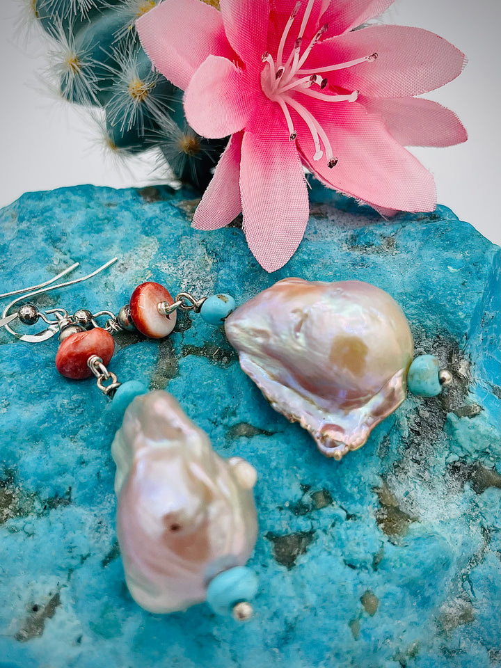 Flameball baroque pearl earrings with Sonoran turquoise, spinel oyster, and sterling silver Navajo pearl beads. Available only from Rockstar Cowgirl online or in store in Cody, Wyoming.
