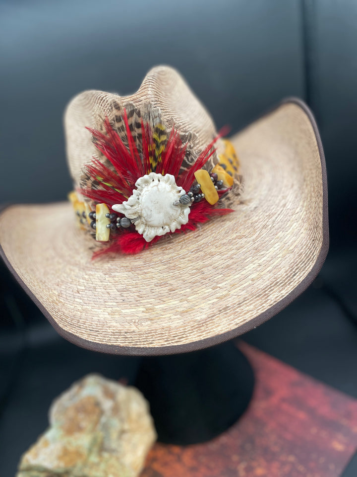 Close up of the red feather burst and antler crown on the front of the hatband. Available only from Rockstar Cowgirl online or in store in Cody, Wyoming.