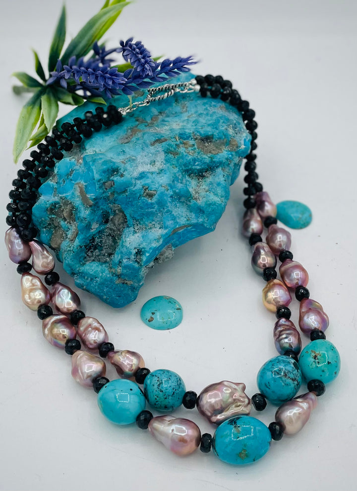 Beaded 2 strand necklace featuring spinel, baroque natural luster pearls, and Kingman turquoise nuggets. Available only from Rockstar Cowgirl online or in store in Cody, Wyoming.