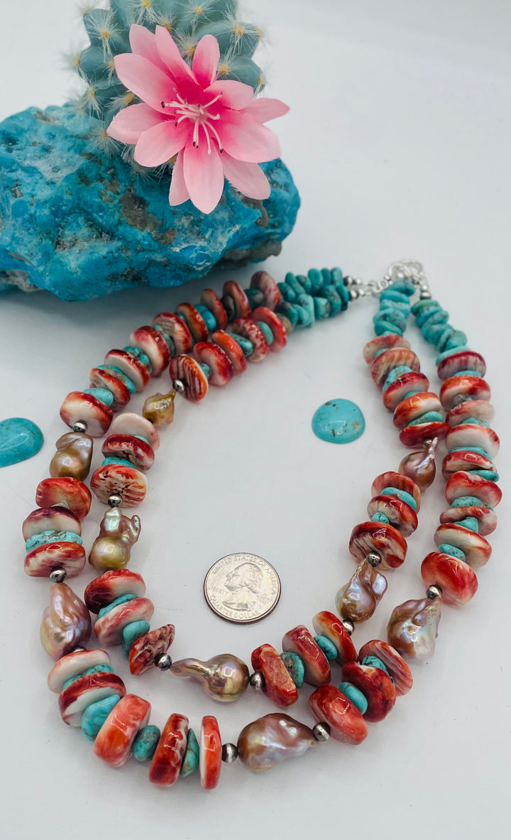 2 strand beaded necklace featuring chunky spiney oyster discs, natural luster flameball pearls, Sonoran turquoise, and sterling silver beads. U.S. quarter for size reference. Available only from Rockstar Cowgirl online or in store in Cody, Wyoming.