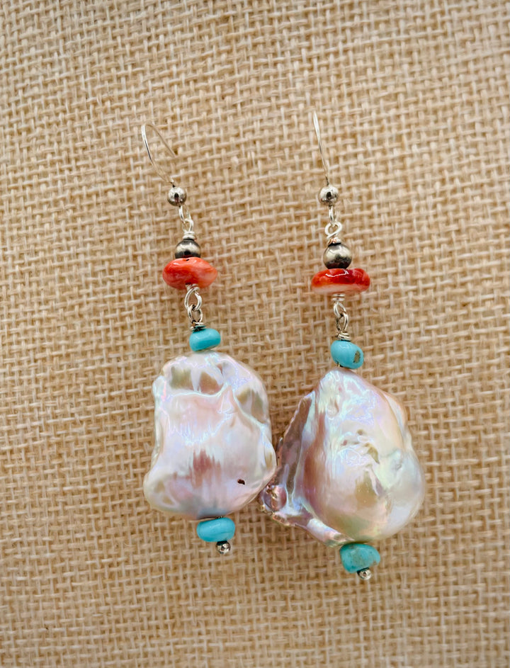 Flameball baroque pearl earrings with Sonoran turquoise, spinel oyster, and sterling silver Navajo pearl beads. Available only from Rockstar Cowgirl online or in store in Cody, Wyoming.