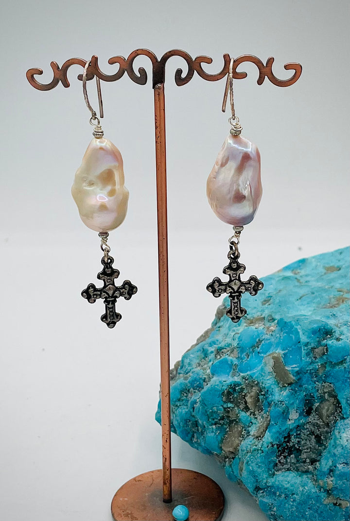 Natural luster baroque large flameball pearl earrings with vintage sterling silver charms. Available only from Rockstar Cowgirl online or in store in Cody, Wyoming.