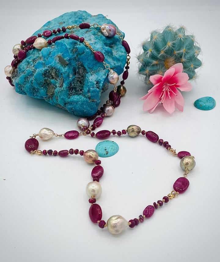 Silk knotted treasure necklace featuring rubies and natural luster Edison pearls. Available only from Rockstar Cowgirl online or in store in Cody, Wyoming.