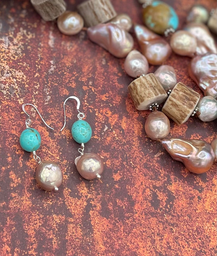 Close up of the matching earrings and the colors and textures of the baroque and Edison pearls. Available only from Rockstar Cowgirl online or in store.