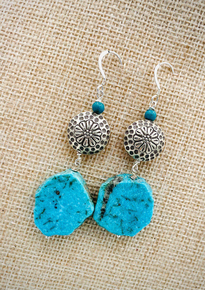 Handmade earrings featuring Kingman turquoise slabs, Karen Hill tribe sterling silver beads, and turquoise rounds. Available only from Rockstar Cowgirl online or in store in Cody,Wyoming.