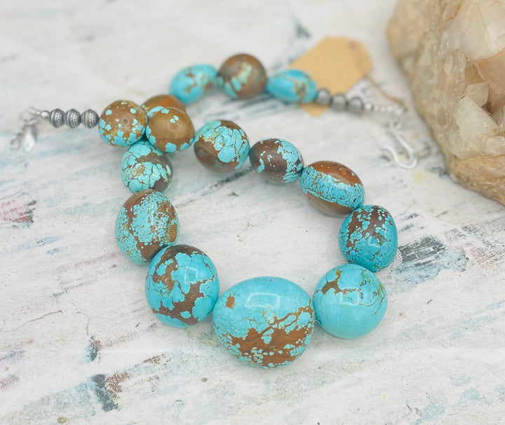 Giant #8 turquoise nuggets and sterling silver beaded necklace. Available only from Rockstar Cowgirl online or in store in Cody, Wyoming.