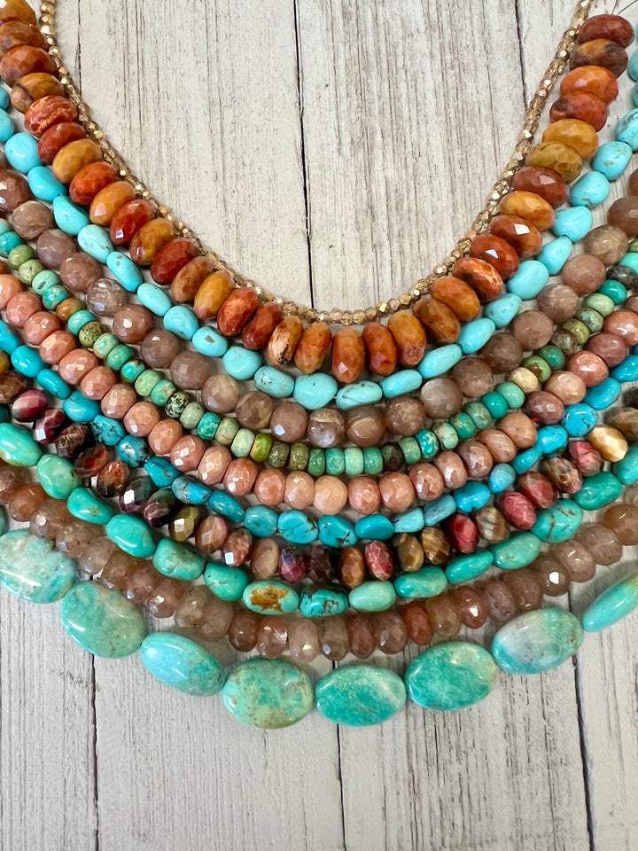 Bead box featuring Sonoran turquoise, cherry quartz, moonstone, galaxy tigers eye, sunstone, and mookaite strands. Available only from Rockstar Cowgirl online or in store in Cody, Wyoming.