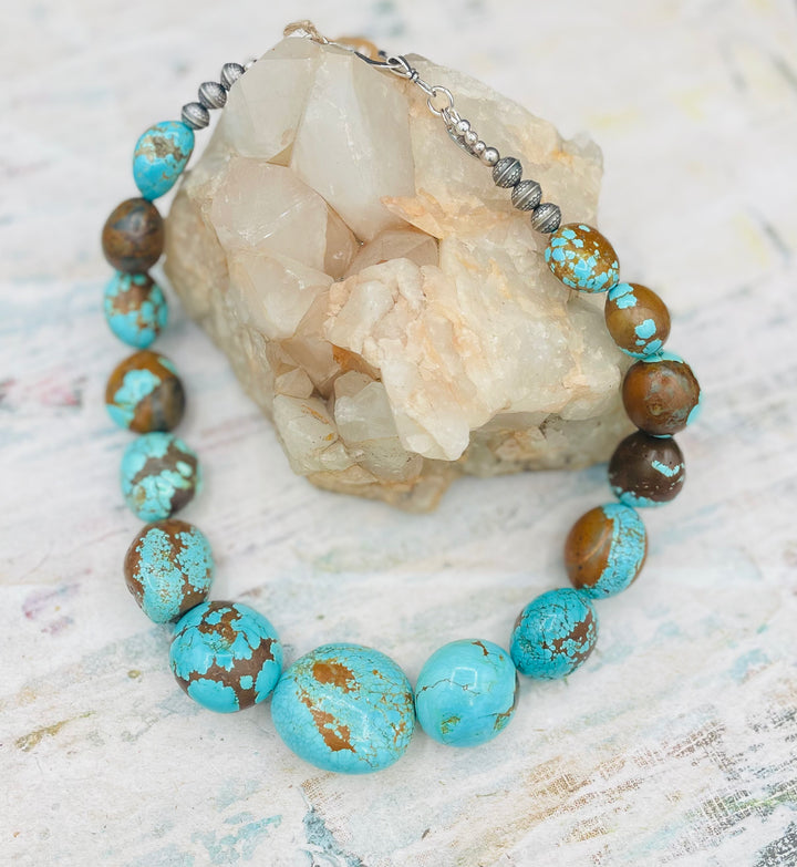 Giant #8 turquoise nuggets and sterling silver beaded necklace. Available only from Rockstar Cowgirl online or in store in Cody, Wyoming.
