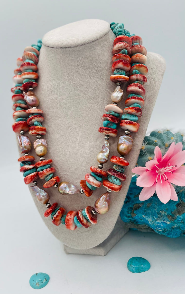 2 strand beaded necklace featuring chunky spiney oyster discs, natural luster flameball pearls, Sonoran turquoise, and sterling silver beads. Available only from Rockstar Cowgirl online or in store in Cody, Wyoming.