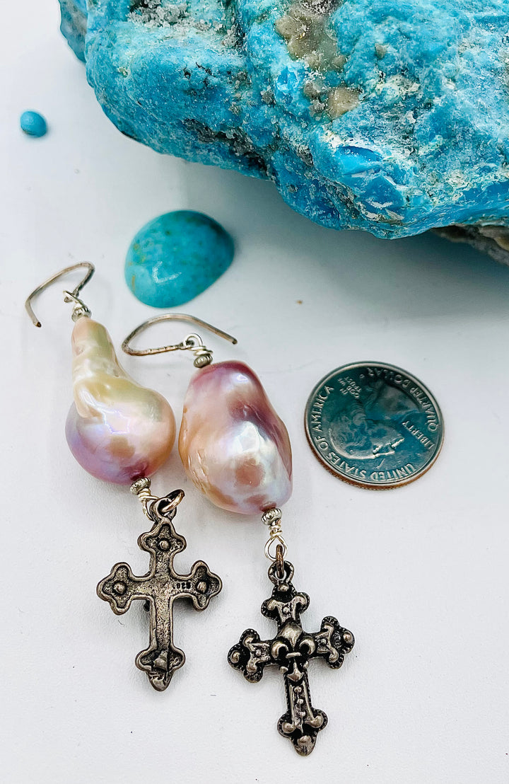 Natural luster baroque large flameball pearl earrings with vintage sterling silver charms. U.S. quarter for size reference. Available only from Rockstar Cowgirl online or in store in Cody, Wyoming.