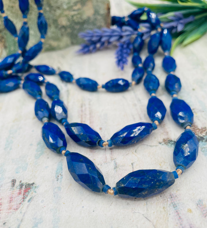 3 strand nested Afghan lapis beads silk knotted on gold silk necklace. Available only from Rockstar Cowgirl online or in store in Cody, Wyoming.