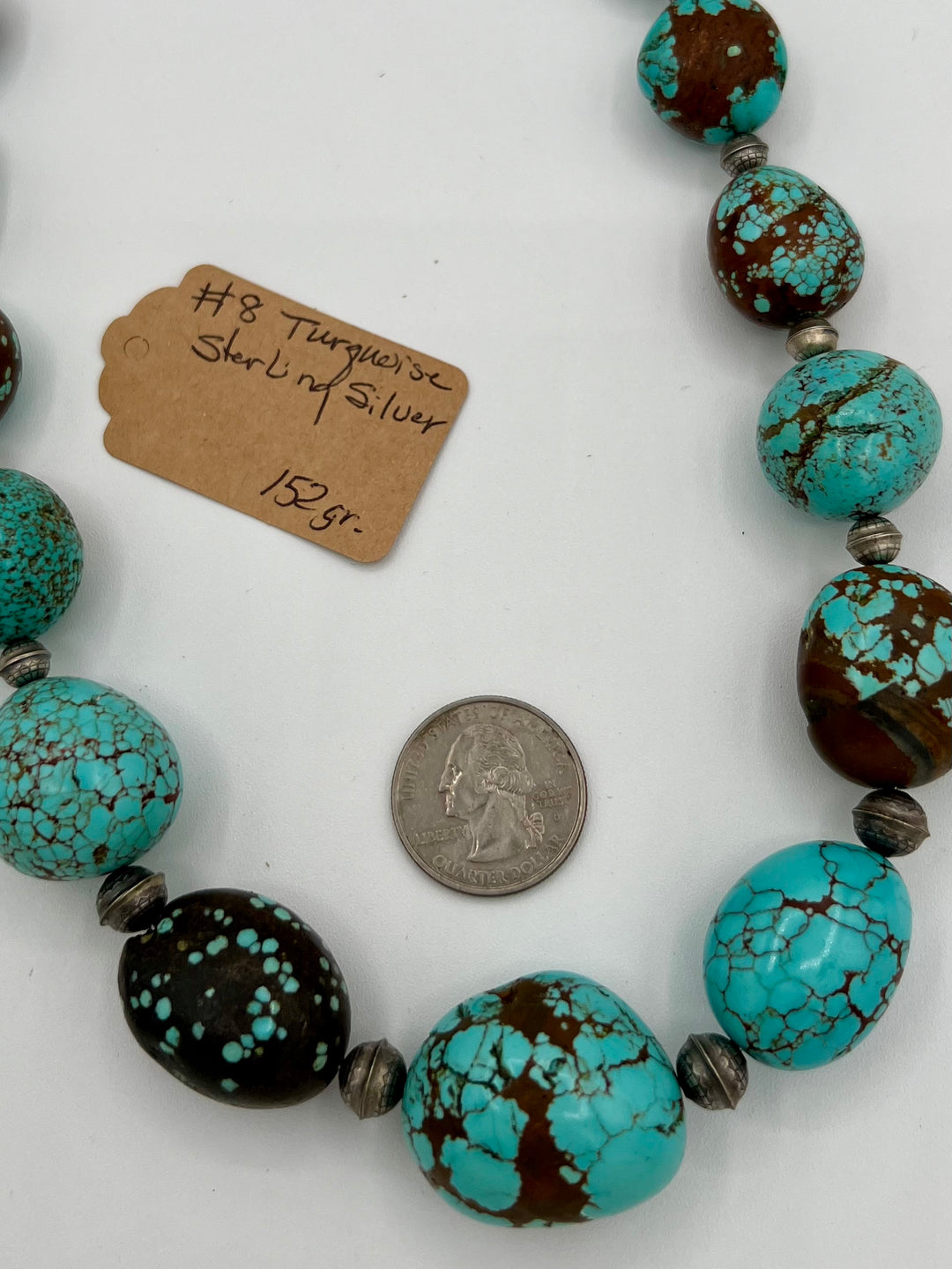 Necklace with large #8 turquoise nuggets and etched sterling silver beads. U.S. quarter for size reference. Available only from Rockstar Cowgirl online or in store in Cody, Wyoming.