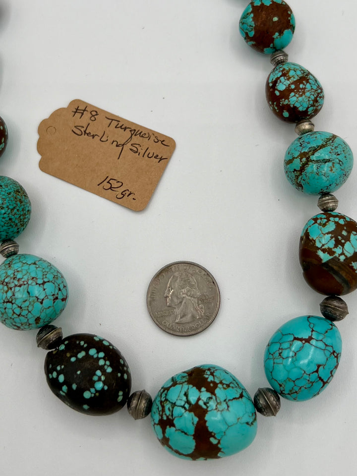 Necklace with large #8 turquoise nuggets and etched sterling silver beads. U.S. quarter for size reference. Available only from Rockstar Cowgirl online or in store in Cody, Wyoming.