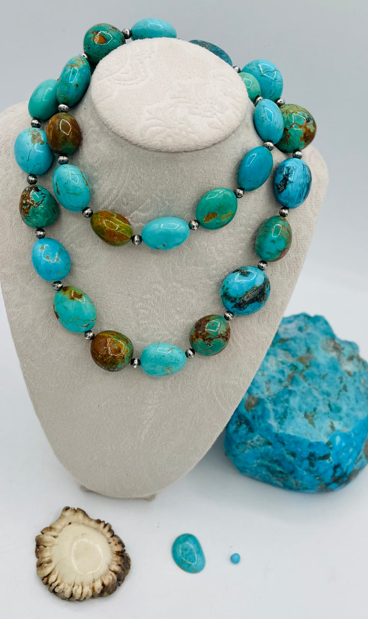 Beaded Kingman turquoise graduated nugget necklace with sterling silver beads. Available only from Rockstar Cowgirl online or in store in Cody, Wyoming.