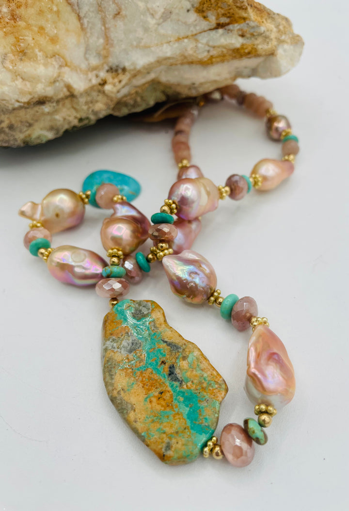Beaded necklace featuring natural luster pearls, Kingman turquoise, peach moonstone, and gold details. Available only from Rockstar Cowgirl online or in store in Cody, Wyoming.